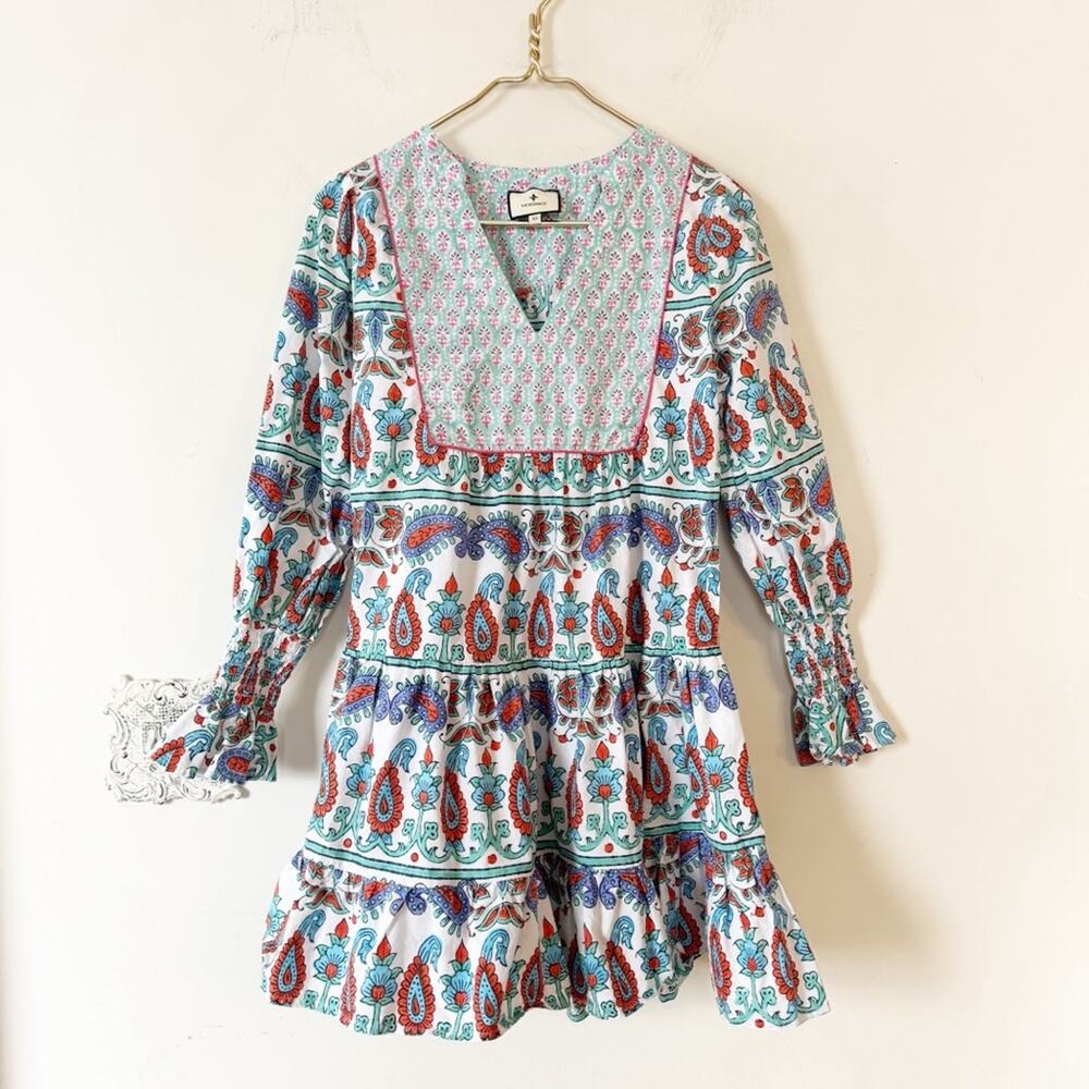 Tuckernuck Teal and Seagrass Floral Block Print Kenzie Tiered Mini Dress XS - Picture 6 of 12